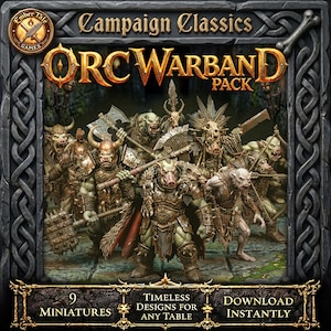 Könnte beinhalten: Ein Set aus neun Fantasy-Ork-Miniaturen mit verschiedenen Kriegern mit grüner Haut, Rüstung und Waffen wie Äxten und Streitkolben. Das Bild enthält den Text Campaign Classics, Orc Warband Pack, 9 Miniatures, Timeless Designs For Any Table und Download Instantly.