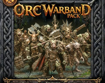 May include: A set of nine fantasy orc miniatures featuring various warriors with green skin, armor, and weapons like axes and maces. The image includes the text Campaign Classics, Orc Warband Pack, 9 Miniatures, Timeless Designs For Any Table, and Download Instantly.