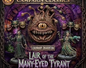 May include: Campaign Classics game box art featuring a large, multi-eyed monster with a gaping mouth, flanked by miniature figures of a sorcerer and a sorceress. The text reads "Lair of the Many-Eyed Tyrant."