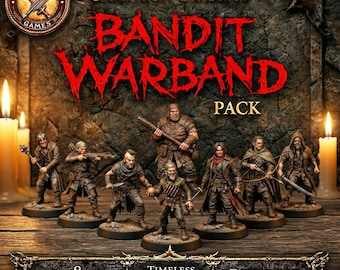 May include: A product image featuring a collection of eight miniature figurines from the "Bandit Warband Pack." The miniatures are detailed, depicting various characters with weapons and attire. The text "Campaign Classics" and "Download Instantly" are also visible.