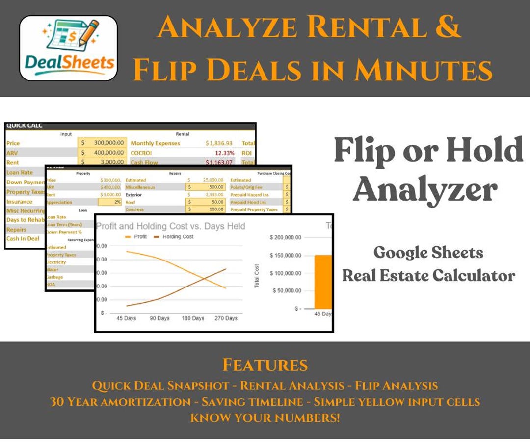 Real Estate Deal Analyzer Spreadsheet | Flip or Hold Calculator ...