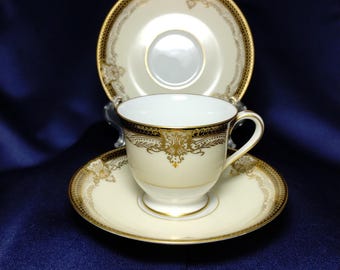 Vintage Noritake Valiere 4981 Demitasse Cup and Saucer Set + Bonus Extra Saucer, Black and Gold Filigree, Excellent Condition, Circa 1933-53