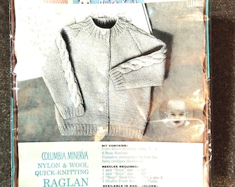 Baby Raglan Cardigan Knitting Kit Columbia Minerva – Nylon Wool Quick Knit NOS Vintage