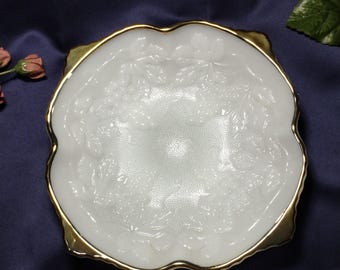 Anchor Hocking Vintage Milk Glass Bowl - Harvest Grape & Leaf Pattern - Gold Trim and Scalloped Edge - Mid Century Serving Dish  Excellent