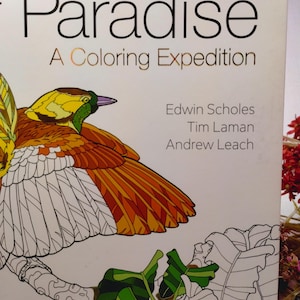 May include: A coloring book titled Paradise: A Coloring Expedition by Edwin Scholes, Tim Laman, and Andrew Leach. The cover features a partially colored illustration of a bird with yellow, orange, and white feathers perched on a branch with green leaves.