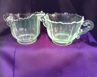 Vintage Cambridge Glass Martha Pattern Creamer Sugar Set – Scalloped Edges, Scrolled Handles