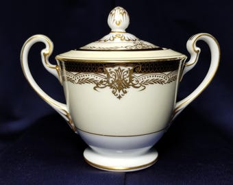 Vintage Noritake Valiere 4981 Bone China Sugar Bowl with Lid, Black and Gold Encrusted Trim, Cream Band, Mid Century Japan, Fine Porcelain