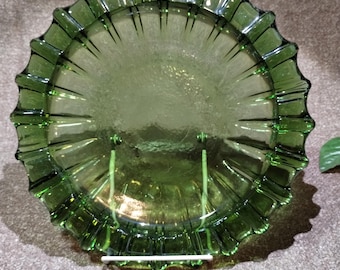 Fostoria Emerald Green Glass Ashtray Vintage Large 10" 1940s Pressed Glass Sunburst Design MCM Moss Green Heavy Art Catch-all Grandmacore