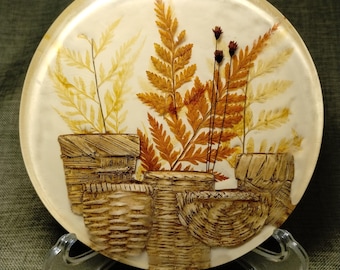 Vintage 1970s Lucite Resin Trivet with Woven Baskets and Ferns, Retro Acrylic Hot Plate, Cottagecore Botanical Kitchen Decor, Round Pot Rest