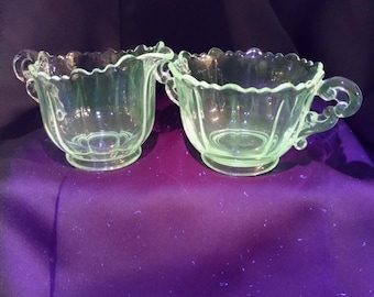 Vintage Cambridge Glass Martha Pattern Individual Creamer and Sugar Set #252 - Scalloped Edges and Scrolled Handles - Manganese Glass