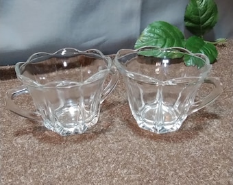 Vintage Anchor Hocking Glass Creamer Sugar Set, MCM Scalloped MCM Minimalist