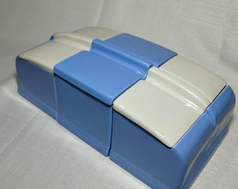 Vintage Hall China Coldspot Refrigerator Dish Set, 3-Pc Blue & White Art Deco Fridge Ware, 1930s Mid Century Kitchen Storage - Statement