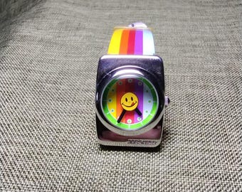 Vintage 2002 Joe Boxer Stripe Tease Rainbow Stripe Watch | Smiley Face | Japan Movement | Y2K Aesthetic | LGBTQ+ Pride | Fresh Battery