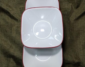 Set of 5 Corelle Vitrelle Square Soup/Cereal Bowls | White with Red Rim | Splendor or Kyoto Leaves Pattern | 6.25" Replacement Dishes