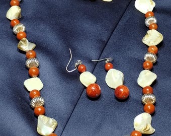 Vintage Unsigned Gemstone Necklace and Earring Set - Orange Carnelian & White Shell MOP with Silver Tone Accent Beads - Coastal Boho - Beach
