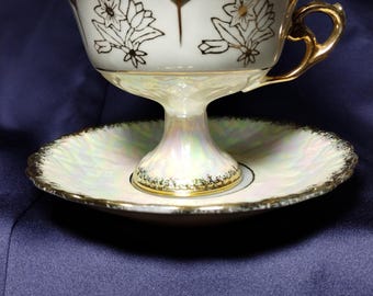 Vintage Japanese Pearl Lustreware Pedestal Teacup & Saucer Set | Irradescent Porcelain with Hand-Painted Gold Floral Design | MC Japanese