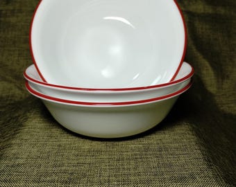 Set of 3 Vintage Corelle Bandhani Cereal Bowls | Ruby Red Rim White Vitrelle Glass | Minimalist Farmhouse Soup Bowls | 18 oz. Chip Resistant