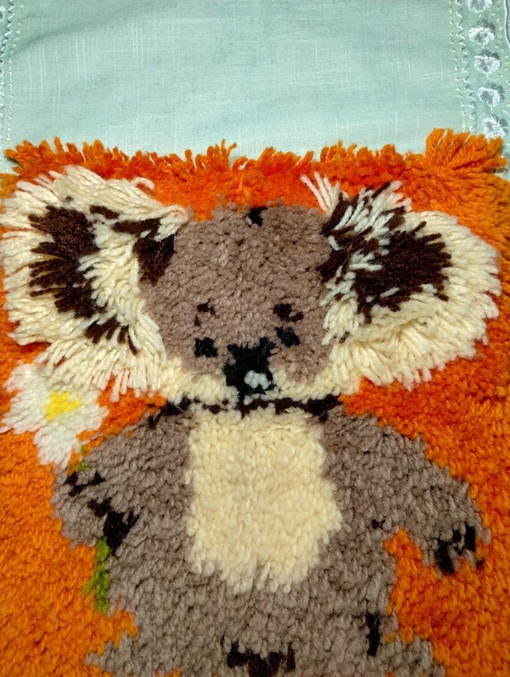 Vintage 1970s Yarns Latch Hook Koala Bear Finished for DIY Wall Hanging Mini Pillow Retro Orange Shag Rug Craft Art Handmade Autumn Kitschy