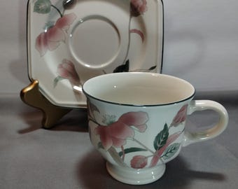 Vintage Mikasa Continental Silk Flowers F3003 Footed Tea Cup and Octagonal Saucer Set