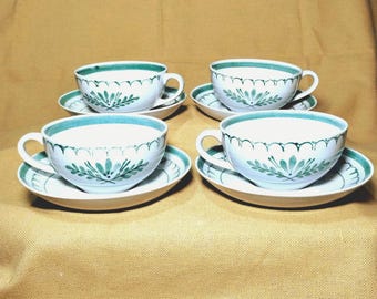 Arabia Finland Green Thistle Tea Cups Saucers Set MCM Hand-Painted Pottery