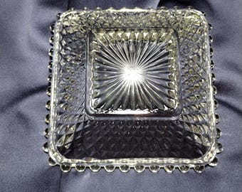 Vintage Indiana Glass Diamond Point Clear Square Dish with Beaded Edge | Mid Century Modern Candy Nut Dish | MCM Trinket Tray Jewelry Dish