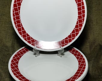 Set of 4 Corelle Crimson Trellis Dinner Plates, 10.25", Vintage Red and White Vitrelle Replacement Dishes, Made in USA