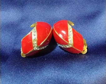 Vintage Clip-On Earrings! 80s Bold Red Enamel & Rhinestone Striped J-Hoop with Gold Tone are a 1980s Bold Statement Costume Jewelry Unsigned