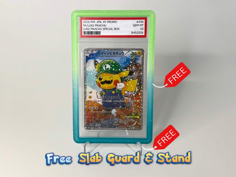 May include: A graded 2016 P.M. JPN. XY Promo #296 Luigi Pikachu trading card in a green and blue gradient protective slab. The card features a holographic illustration of Pikachu dressed as Luigi with a mustache, housed in a clear plastic case.