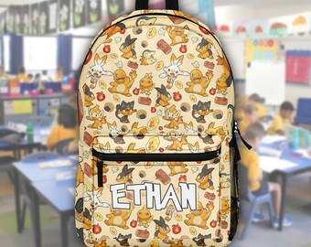 Custom Name P0kem0n Fire Backpack, P0kem0n Inspired Kids School Bag, Back to School Anime Gift, Cute Anime Bookbag