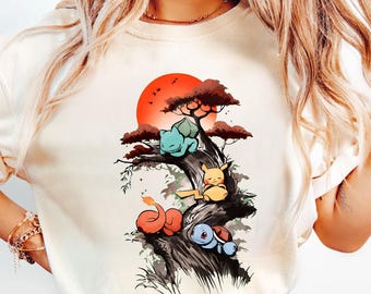 Comfort Colors P0kemon Starters Watercolor Shirt, Sleeping Picachu Bulbasar Chamander Squitle Tshirt, Retro P0kemon Gamer Birthday Gift