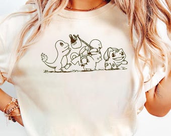 P0kemon Starters Camping Comfort Colors Shirt, Cute Pikcachu Bulbasar Squitle Chamander Sketch Tee, Aesthetic Tee, Kawaii Nature Lover Gift