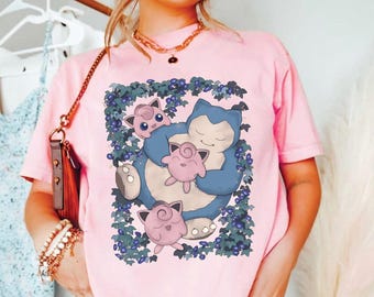Sn0rlax Jigglypuf Sleeping Comfort Colors Shirt, Retro Pkemon Tee, Cute Anime Floral Graphic T-Shirt, Sleeping Sn0rlax Gift, Birthday Gift