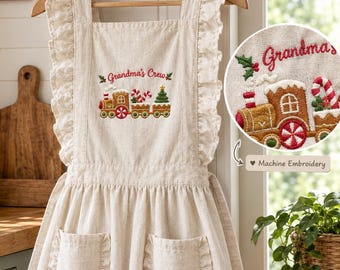 Personalized Ruffled Christmas Kitchen Cookies Crew Embroidered Apron, Custom Holiday Baking Apron, Gingerbread Train Apron with Pockets