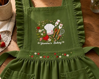 Personalized Strawberry Kitchen Linen Ruffle Apron, Custom Embroidered Baking Apron with Pockets, Gardending Aprons, Cooking Gift for Her