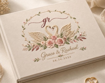 Personalized Swan Rose Floral Embroidered Wedding Guest Book, Custom Fabric Wedding Album, Unique Keepsake Gift for Couple, Wedding Decor