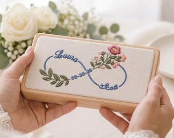 Personalized Embroidered Linen & Walnut Wood Jewelry Box, Custom Infinity Wedding Keepsake, Wooden Ring Organizer, Bridal Shower JewelryCase