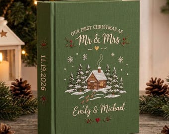 Personalized First Christmas Mr & Mrs Photo Album, Custom Embroidered Linen Wedding Guest Book, Winter Cabin Couple Memory Book Gift
