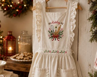 Personalized Ruffled Christmas Baking Apron, Custom Embroidered Holiday Chef Apron with Pockets, Off-White Baker Gift, Festive Kitchen