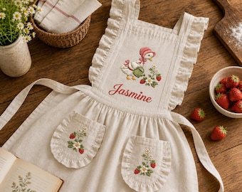 Personalized  Duck With Strawberries Linen Ruffle Aprons, Custom Embroidered Cottagecore Kitchen Apron with Pockets, Gift for Gardener