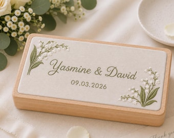 Personalized Lily Of The Valley Linen Embroidered Walnut Wood Jewelry Box, Custom Wedding Wooden Ring Organizer, Bridal Shower Jewelry Case