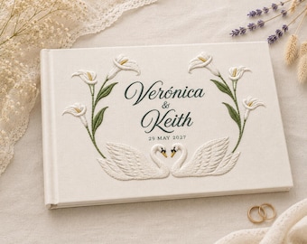 Personalized Bicycle Goose Couple Embroidered Linen Wedding Guest Book, Wedding Sign In Book, Rustic Wedding Keepsake, Bridal Shower Gift