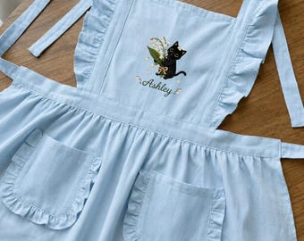 Personalized Embroidered Ruffled Apron, Custom Black Cat Kitchen Apron, Floral Cat Baker Gift, Vintage Cooking Apron with Pockets