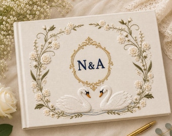 Personalized Couple Swans Embroidered Wedding Guest Book, Custom Engagement Album, Luxury Keepsake Gift for Couple, Elegant Floral GuestBook