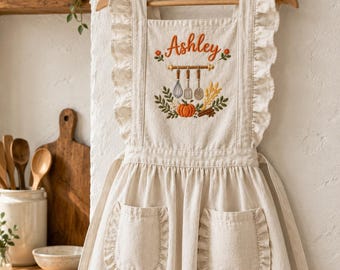 Personalized Ruffled Autumn Kitchen Embroidered Apron, Custom Name Fall Baking Cooking Apron, Pumpkin & Utensil Apron with Pockets
