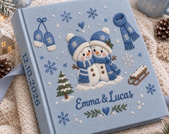 Personalized Embroidered Snowman Couple Photo Album, Custom Winter Wedding Memory Book, Holiday Keepsake Gift for Couples