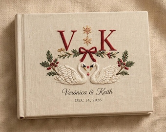 Personalized Christmas Wedding Guest Book, Custom Embroidered Linen Photo Album, Winter Swans Couple Memory Book, Holiday WeddingDecor