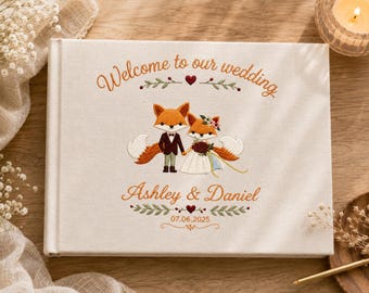 Personalized Fox Couple Wedding Embroidered Guest Book, Custom Woodland Wedding Keepsake, Name Memory Book