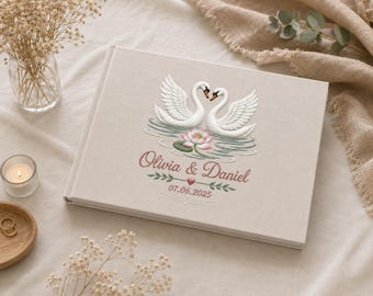 Personalized Embroidered Wedding Guestbook, Custom Swan MemoryBook, Anniversary Keepsake, Engagement Gift,  Photo Album Book