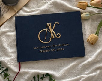 Personalized 3D Embroidered Linen Guest Book, Custom Monogram Initials wedding Photo Album, Rustic Venue Memory Book