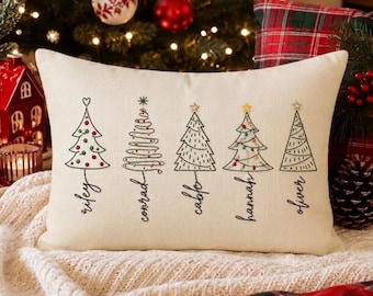 Personalized Embroidered Christmas Tree Lumbar Pillowcase, Custom Family Names Holiday PillowCover, Winter Accent Throw Pillow